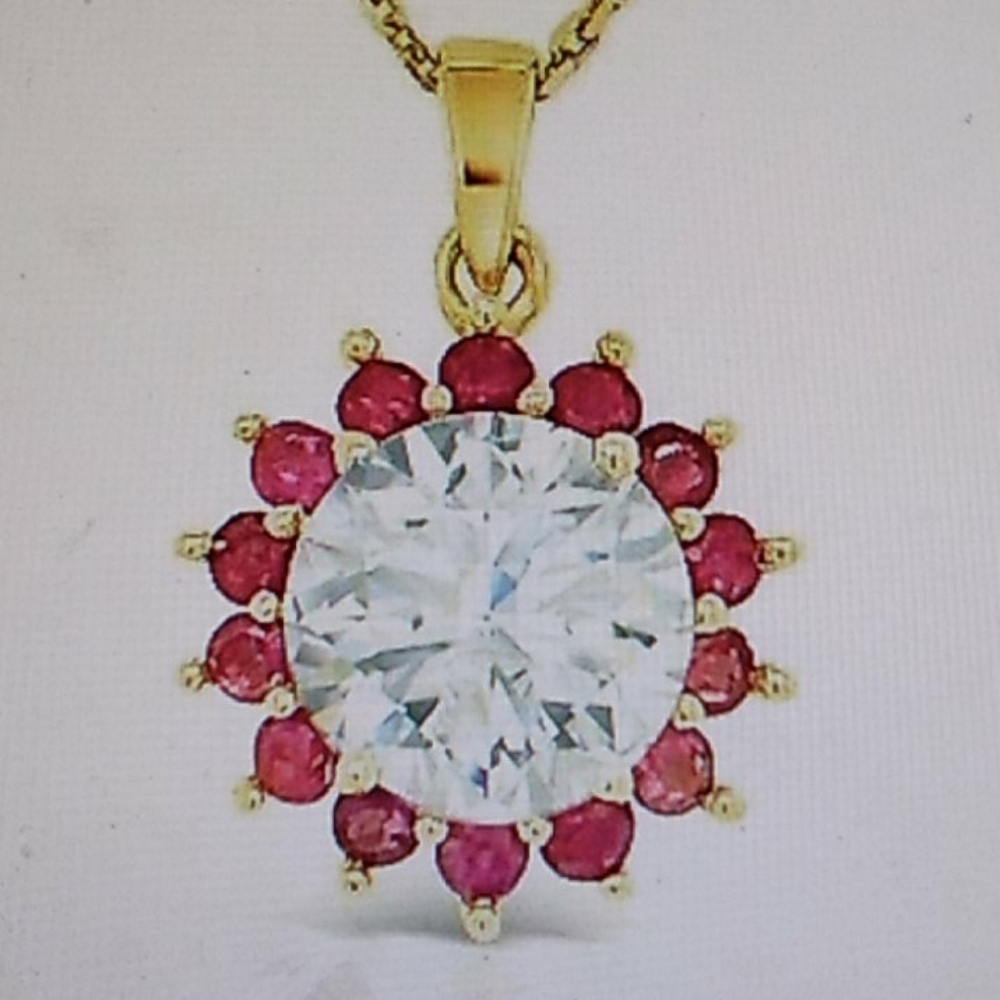 14K Yellow Gold Moissanite and Ruby Necklace - NEW